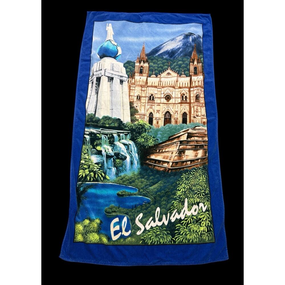 Vintage El Salvador Souvenir Beach Towel Blue Cathedral Volcano Cotton Hilasal